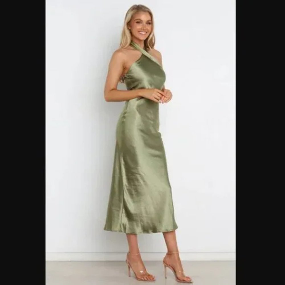Petal & Pup Grasie Olive Green Satin Halter Maxi Dress 8